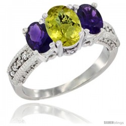 10K White Gold Ladies Oval Natural Lemon Quartz 3-Stone Ring with Amethyst Sides Diamond Accent