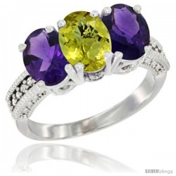 10K White Gold Natural Lemon Quartz & Amethyst Sides Ring 3-Stone Oval 7x5 mm Diamond Accent