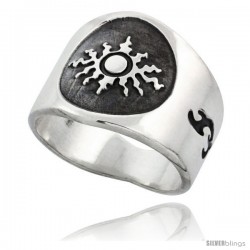 Sterling Silver Flaming Sun Men's Ring with Flames Sides, 17mm wide