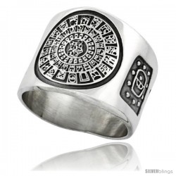 Sterling Silver Aztec Calendar Men's Ring Imix Inscription Sides, 18mm wide