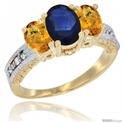 10K Yellow Gold Ladies Oval Natural Blue Sapphire 3-Stone Ring with Whisky Quartz Sides Diamond Accent