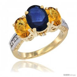 10K Yellow Gold Ladies 3-Stone Oval Natural Blue Sapphire Ring with Whisky Quartz Sides Diamond Accent