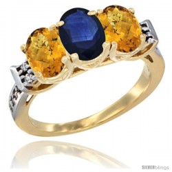 10K Yellow Gold Natural Blue Sapphire & Whisky Quartz Sides Ring 3-Stone Oval 7x5 mm Diamond Accent