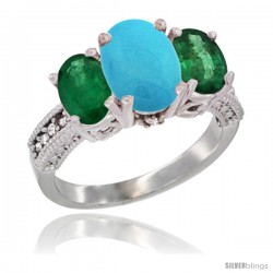 14K White Gold Ladies 3-Stone Oval Natural Turquoise Ring with Emerald Sides Diamond Accent