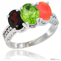 14K White Gold Natural Garnet, Peridot & Coral Ring 3-Stone 7x5 mm Oval Diamond Accent