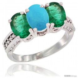 14K White Gold Natural Turquoise & Emerald Sides Ring 3-Stone 7x5 mm Oval Diamond Accent