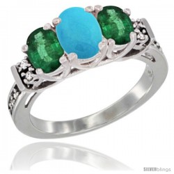 14K White Gold Natural Turquoise & Emerald Ring 3-Stone Oval with Diamond Accent