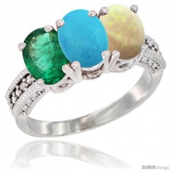 14K White Gold Natural Emerald, Turquoise & Opal Ring 3-Stone 7x5 mm Oval Diamond Accent