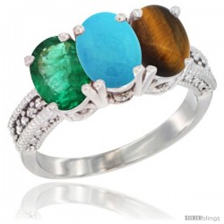 14K White Gold Natural Emerald, Turquoise & Tiger Eye Ring 3-Stone 7x5 mm Oval Diamond Accent