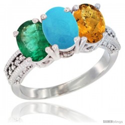 14K White Gold Natural Emerald, Turquoise & Whisky Quartz Ring 3-Stone 7x5 mm Oval Diamond Accent