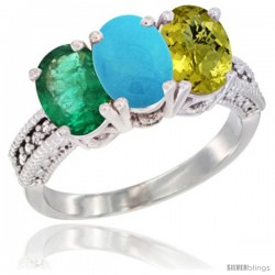 14K White Gold Natural Emerald, Turquoise & Lemon Quartz Ring 3-Stone 7x5 mm Oval Diamond Accent