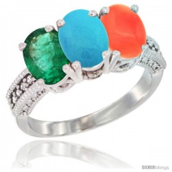 14K White Gold Natural Emerald, Turquoise & Coral Ring 3-Stone 7x5 mm Oval Diamond Accent