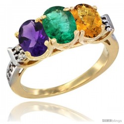 10K Yellow Gold Natural Amethyst, Emerald & Whisky Quartz Ring 3-Stone Oval 7x5 mm Diamond Accent