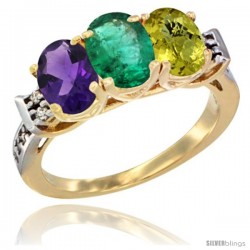 10K Yellow Gold Natural Amethyst, Emerald & Lemon Quartz Ring 3-Stone Oval 7x5 mm Diamond Accent