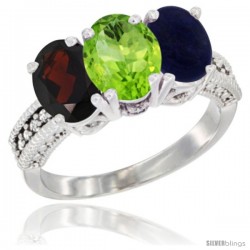 14K White Gold Natural Garnet, Peridot & Lapis Ring 3-Stone 7x5 mm Oval Diamond Accent