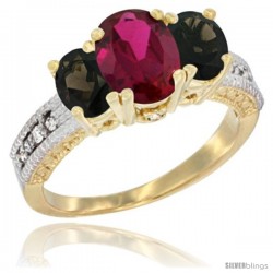 10K Yellow Gold Ladies Oval Natural Ruby 3-Stone Ring with Smoky Topaz Sides Diamond Accent