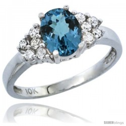 14k White Gold Ladies Natural London Blue Topaz Ring oval 8x6 Stone Diamond Accent