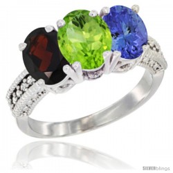 14K White Gold Natural Garnet, Peridot & Tanzanite Ring 3-Stone 7x5 mm Oval Diamond Accent