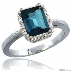 14k White Gold Ladies Natural London Blue Topaz Ring Emerald-shape 8x6 Stone Diamond Accent