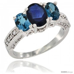 14k White Gold Ladies Oval Natural Blue Sapphire 3-Stone Ring with London Blue Topaz Sides Diamond Accent