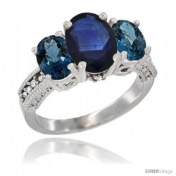 14K White Gold Ladies 3-Stone Oval Natural Blue Sapphire Ring with London Blue Topaz Sides Diamond Accent