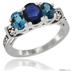 14K White Gold Natural Blue Sapphire & London Blue Ring 3-Stone Oval with Diamond Accent