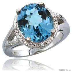 14k White Gold Ladies Natural London Blue Topaz Ring oval 12x10 Stone Diamond Accent