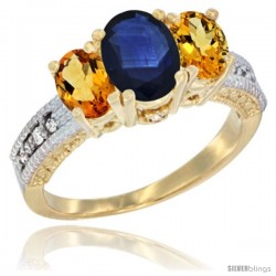 14k Yellow Gold Ladies Oval Natural Blue Sapphire 3-Stone Ring with Citrine Sides Diamond Accent