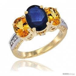 14K Yellow Gold Ladies 3-Stone Oval Natural Blue Sapphire Ring with Citrine Sides Diamond Accent