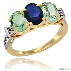 10K Yellow Gold Natural Blue Sapphire & Green Amethyst Sides Ring 3-Stone Oval 7x5 mm Diamond Accent