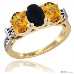 10K Yellow Gold Natural Black Onyx & Whisky Quartz Sides Ring 3-Stone Oval 7x5 mm Diamond Accent