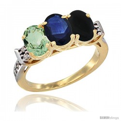 10K Yellow Gold Natural Green Amethyst, Blue Sapphire & Black Onyx Ring 3-Stone Oval 7x5 mm Diamond Accent