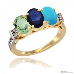 10K Yellow Gold Natural Green Amethyst, Blue Sapphire & Turquoise Ring 3-Stone Oval 7x5 mm Diamond Accent