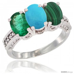 14K White Gold Natural Emerald, Turquoise & Malachite Ring 3-Stone 7x5 mm Oval Diamond Accent