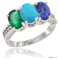 14K White Gold Natural Emerald, Turquoise & Tanzanite Ring 3-Stone 7x5 mm Oval Diamond Accent