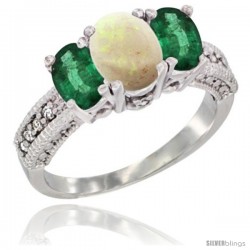 14k White Gold Ladies Oval Natural Opal 3-Stone Ring with Emerald Sides Diamond Accent