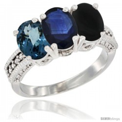 14K White Gold Natural London Blue Topaz, Blue Sapphire & Black Onyx Ring 3-Stone 7x5 mm Oval Diamond Accent