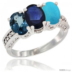 14K White Gold Natural London Blue Topaz, Blue Sapphire & Turquoise Ring 3-Stone 7x5 mm Oval Diamond Accent