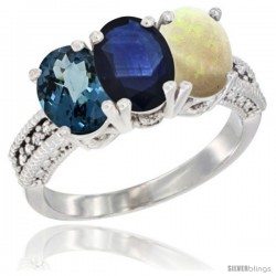 14K White Gold Natural London Blue Topaz, Blue Sapphire & Opal Ring 3-Stone 7x5 mm Oval Diamond Accent