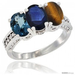 14K White Gold Natural London Blue Topaz, Blue Sapphire & Tiger Eye Ring 3-Stone 7x5 mm Oval Diamond Accent