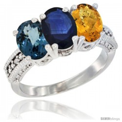 14K White Gold Natural London Blue Topaz, Blue Sapphire & Whisky Quartz Ring 3-Stone 7x5 mm Oval Diamond Accent