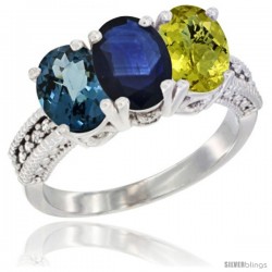 14K White Gold Natural London Blue Topaz, Blue Sapphire & Lemon Quartz Ring 3-Stone 7x5 mm Oval Diamond Accent