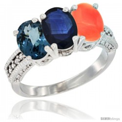 14K White Gold Natural London Blue Topaz, Blue Sapphire & Coral Ring 3-Stone 7x5 mm Oval Diamond Accent