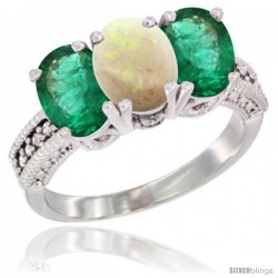 14K White Gold Natural Opal & Emerald Sides Ring 3-Stone 7x5 mm Oval Diamond Accent