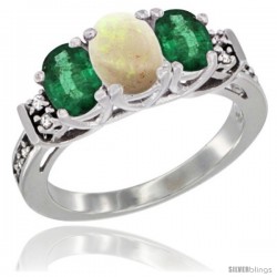 14K White Gold Natural Opal & Emerald Ring 3-Stone Oval with Diamond Accent