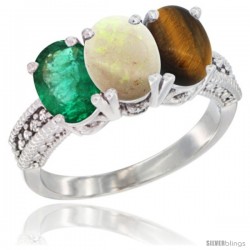 14K White Gold Natural Emerald, Opal & Tiger Eye Ring 3-Stone 7x5 mm Oval Diamond Accent