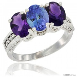 10K White Gold Natural Tanzanite & Amethyst Sides Ring 3-Stone Oval 7x5 mm Diamond Accent