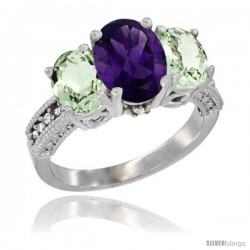 10K White Gold Ladies Natural Amethyst Oval 3 Stone Ring with Green Amethyst Sides Diamond Accent