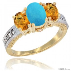 10K Yellow Gold Ladies Oval Natural Turquoise 3-Stone Ring with Whisky Quartz Sides Diamond Accent