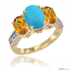 10K Yellow Gold Ladies 3-Stone Oval Natural Turquoise Ring with Whisky Quartz Sides Diamond Accent